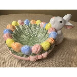 Vintage Hand Painted Easter Glazed Ceramic Bunny w/ Flower Nest-Vintage 1995